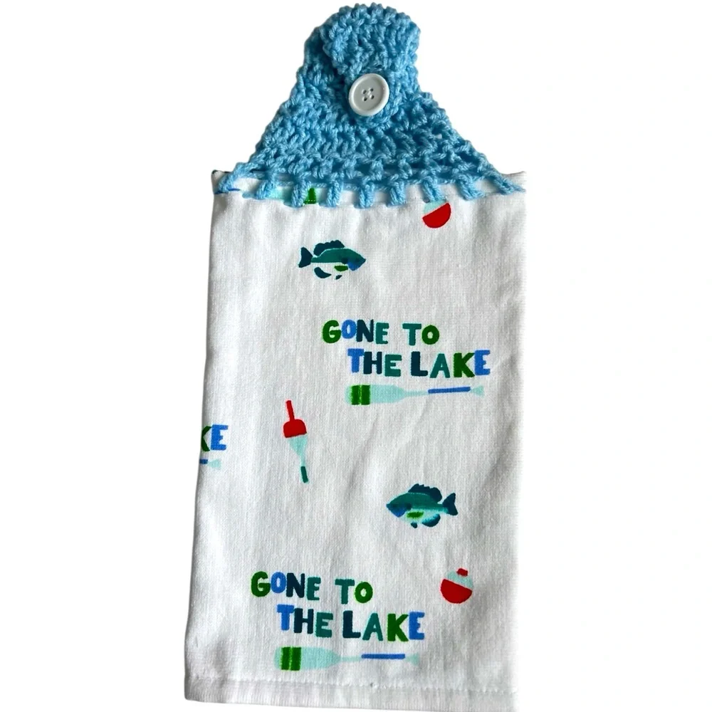 HAND CRAFTED Crocheted Top Hanging Kitchen or Bathroom Hand Towel Lake Towel